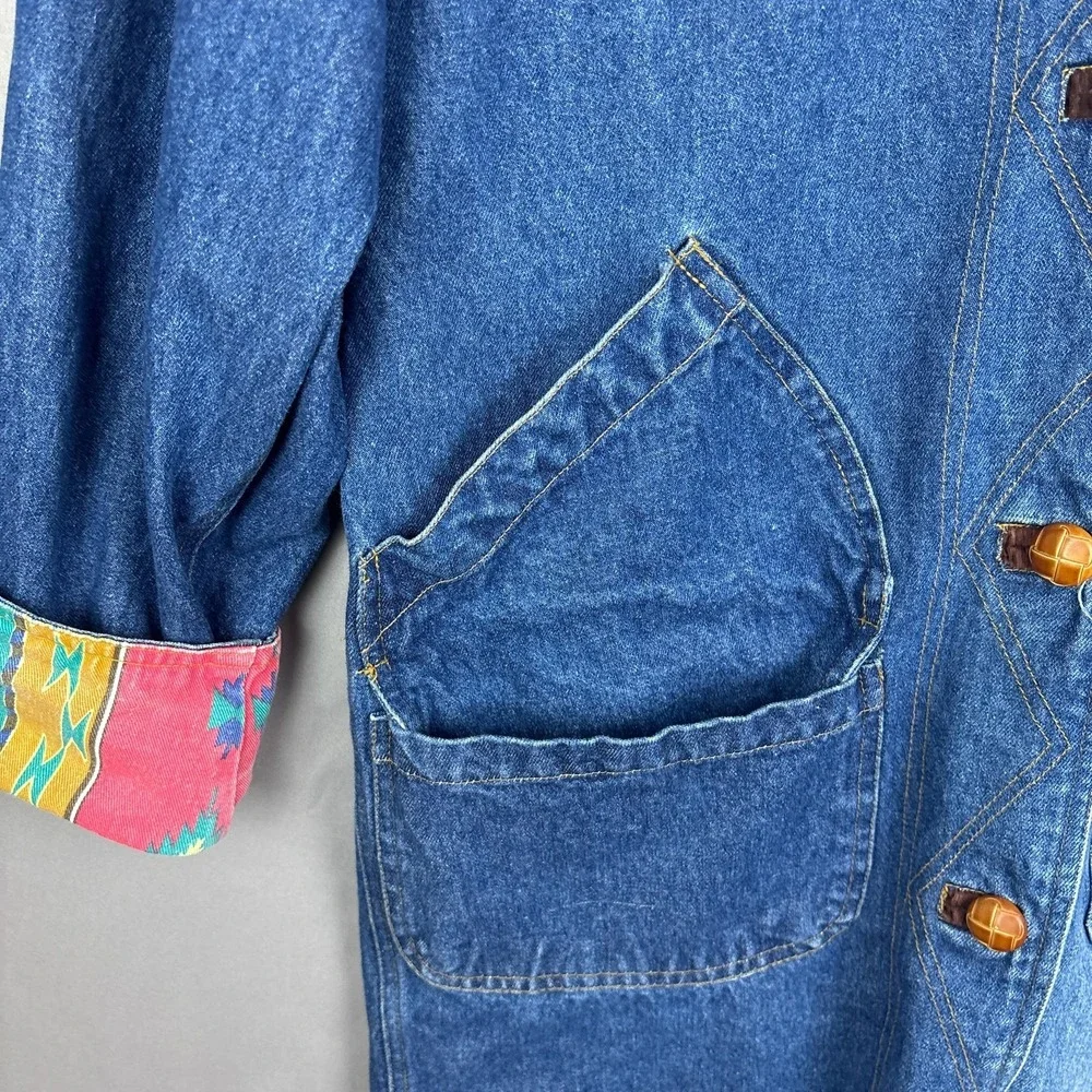 Vintage Timberwolf Denim Overcoat Womens Small Blue Aztec Corduroy Collar Long - Picture 5 of 10